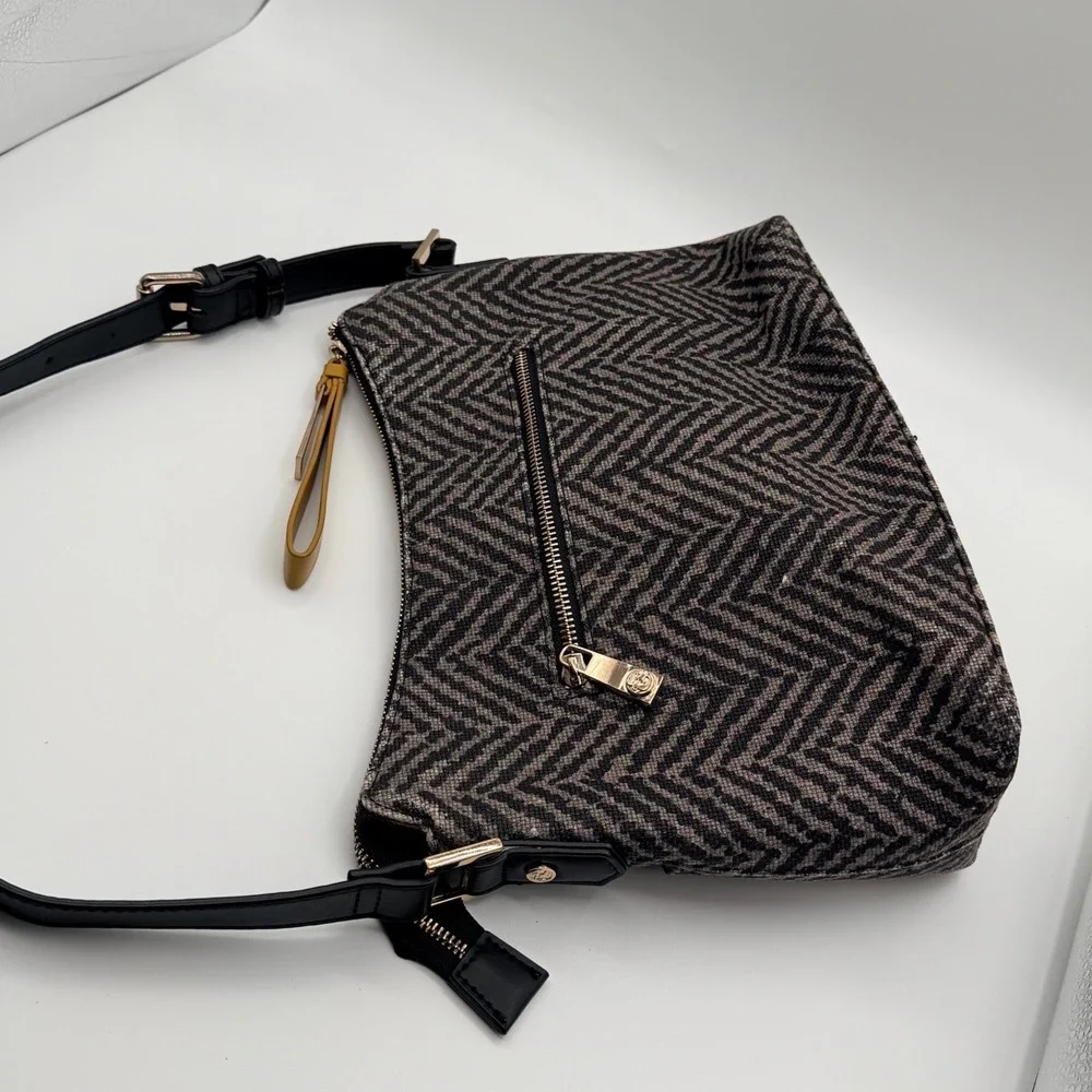Spartina 449 Herringbone Shoulder Black Boho Chic Coastal Artisan Linen Leather